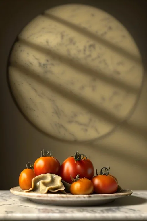 renaissance style still life composite, dish of Raviolis with natural tomato, albahaca, olives, olive oil. moisture, art, natural, ornaments, ceramic, marble, high kitchen, smooth, gradient color background, unreal engine 5, ray tracing, RTX, lumen lighting, ultra detail, volumetric lighting, 3d.