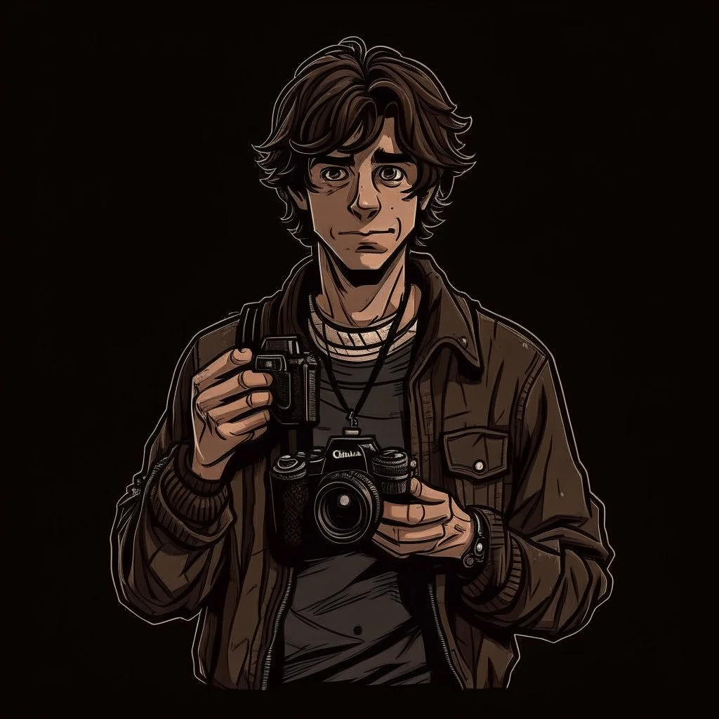 Brown haired man with casual 90s clothes and a camera grimdark art