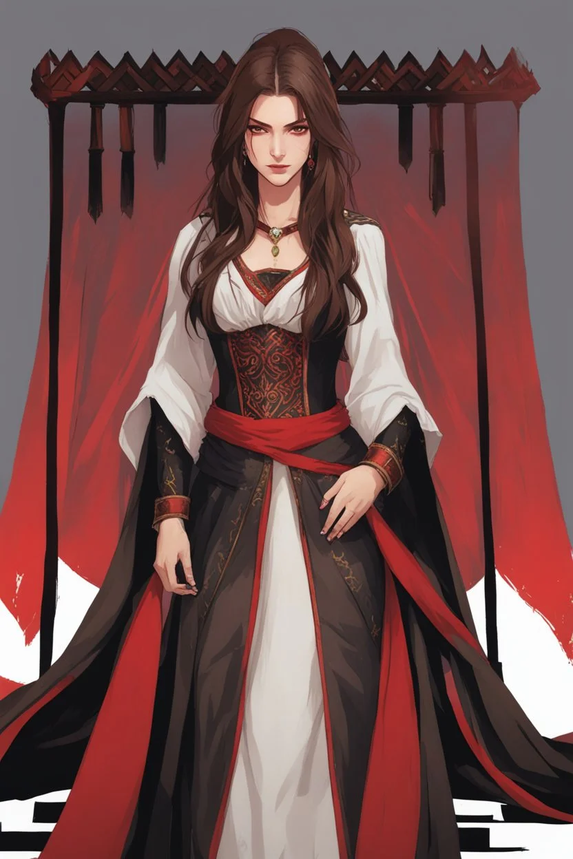 concubine in the Witcher world, long brown hair, red eyes, red and black attire