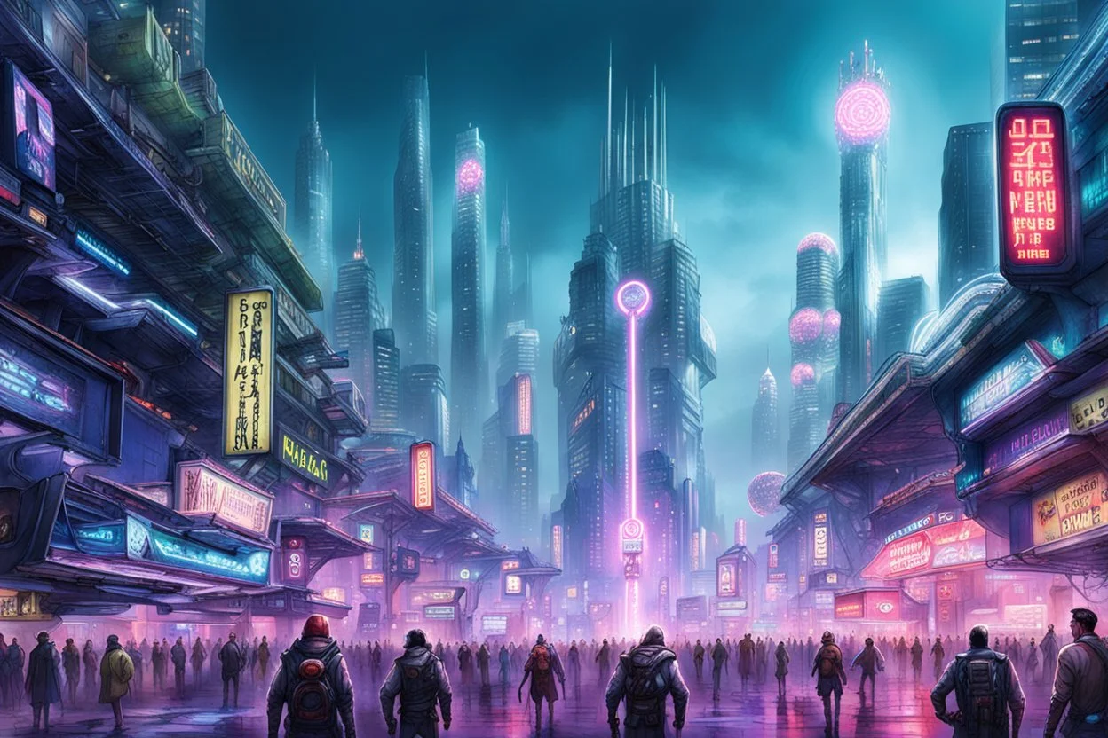 cities of the future cyberpunk in the center of the monster stands on its hind legs
