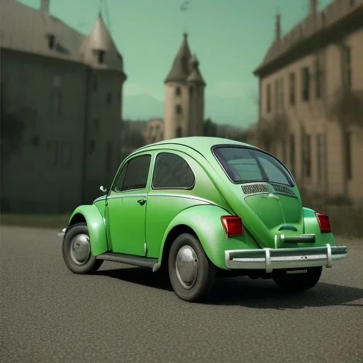 An old green VW Beetle, driving towards an Austrian castle, 8k, HD, cinematography, photorealistic, Cinematic, Color Grading, Ultra-Wide Angle, Depth of Field, hyper-detailed, beautifully color-coded, intricate details, beautifully color graded, Cinematic, Color Grading, Editorial Photography, Depth of Field, DOF, Tilt Blur, White Balance, 32k, Super-Resolution, Megapixel, ProPhoto RGB, VR, Halfrear Lighting, Backlight, Natural Lighting