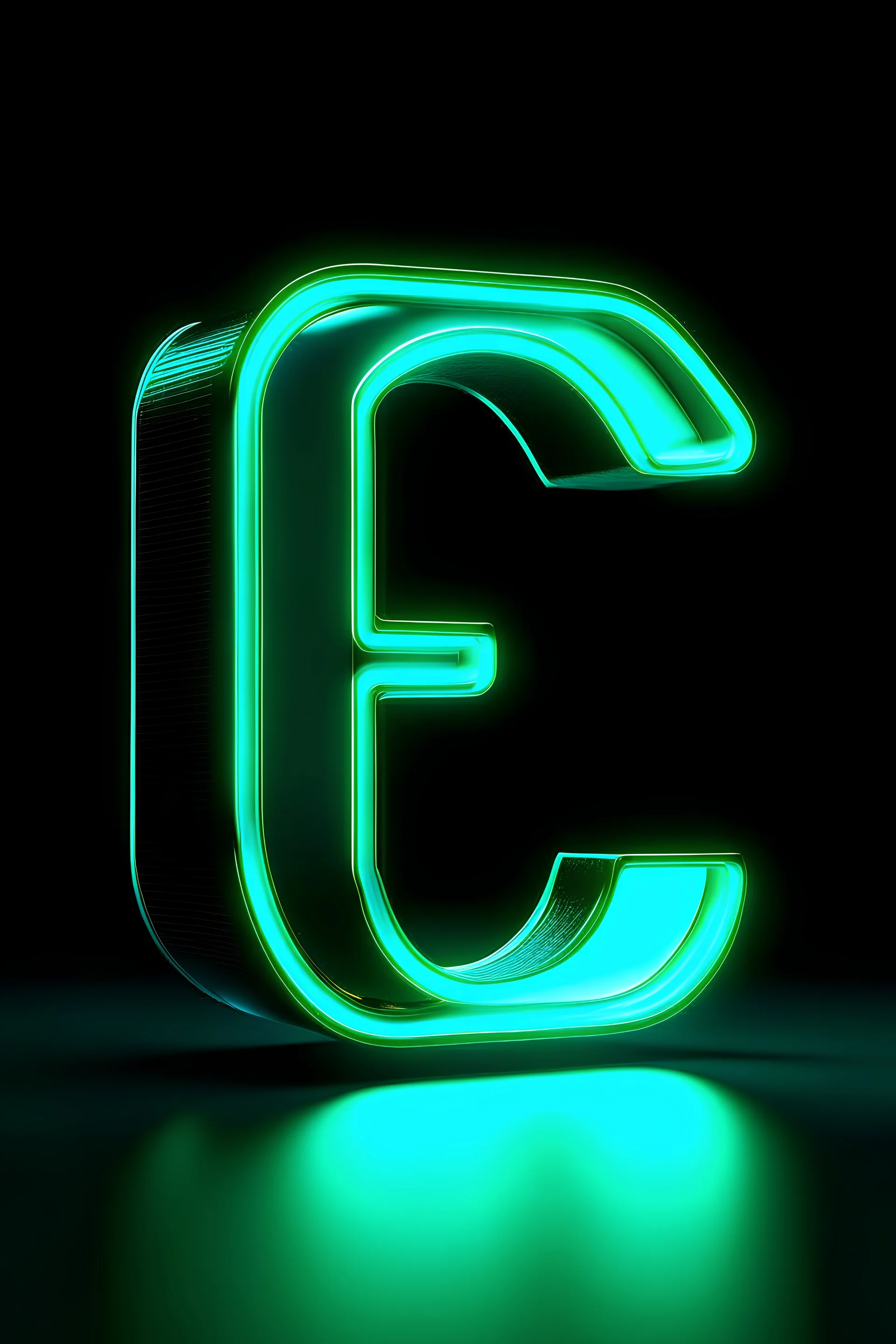 Render image of letter E in cyan neon sign style. Simple solid letter