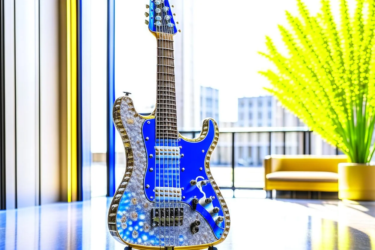 A lovely clear transparent resin guitar with forget-me-not design in a modern room in sunshine