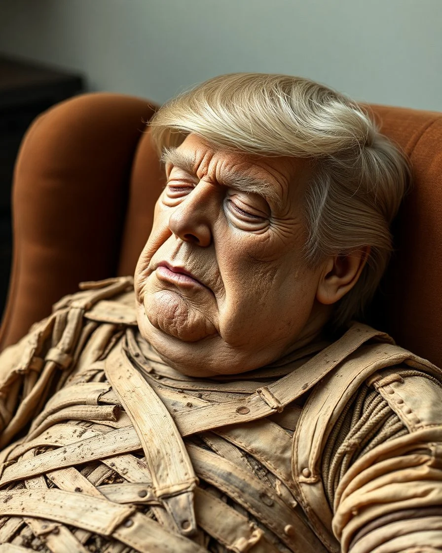 a chubby really old decomposing male mummy, looks similar to donald trump, eyes closed, leaned over in a brown chair