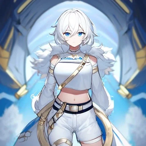 Clear focus, High resolution, rough line sketch art, short fluffy white hair, hair between eyes, fluffy hair, blue eyes, wearing a crop top, wearing shorts, detailed outfit, lots of details, bow on belt, white belt, white and blue everywhere on outfit, cut sleeve, yellow chains around outfit