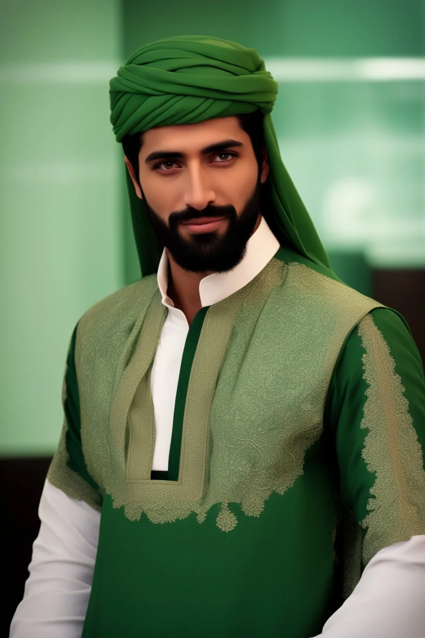 This Emirati citizen has a sleek and well-proportioned physique that reflects their elegance and grace. They have a short, black beard that adds a touch of masculinity and attractiveness to their appearance. Their black hair is styled in a backward flip, depicting their dynamism and vitality, further enhancing their overall appeal. In addition, they have captivating green eyes that reflect a strong and prominent personality, adding a touch of charm and mystery to their face. The picturesque ima