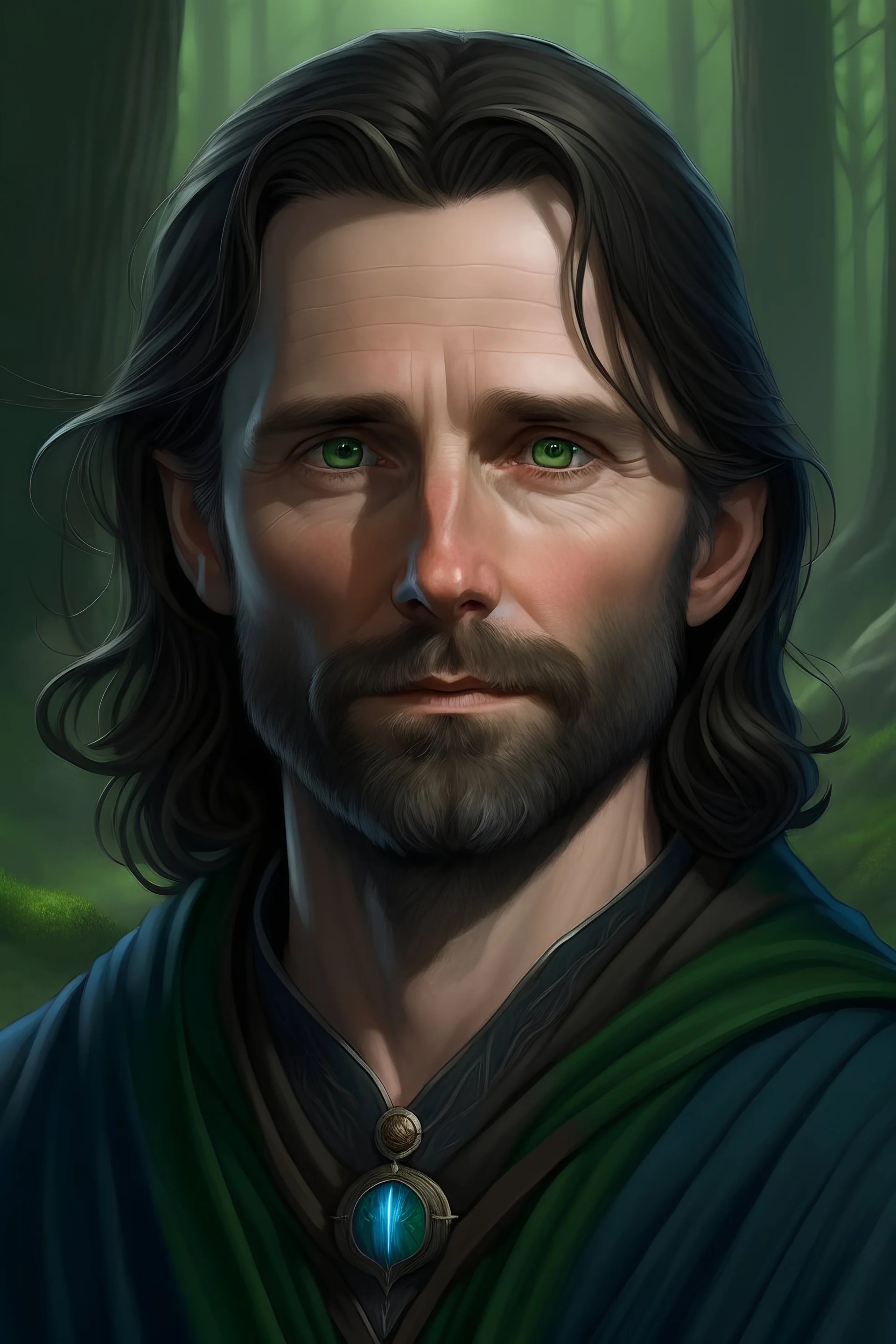 Full colour portrait of a 35-year old white man with brown hair, grey eyes, and a short brown beard, wearing dark blue and green; high fantasy setting; looks like Aragorn