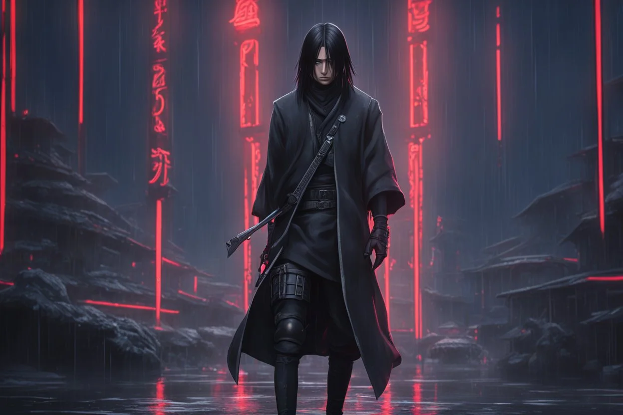 Itachi Uchiha in 8k nier automata artstyle, Uchiha Custom, neon effect, close picture, rain, fantasy world, intricate details, highly detailed, high details, detailed portrait, masterpiece,ultra detailed, ultra quality