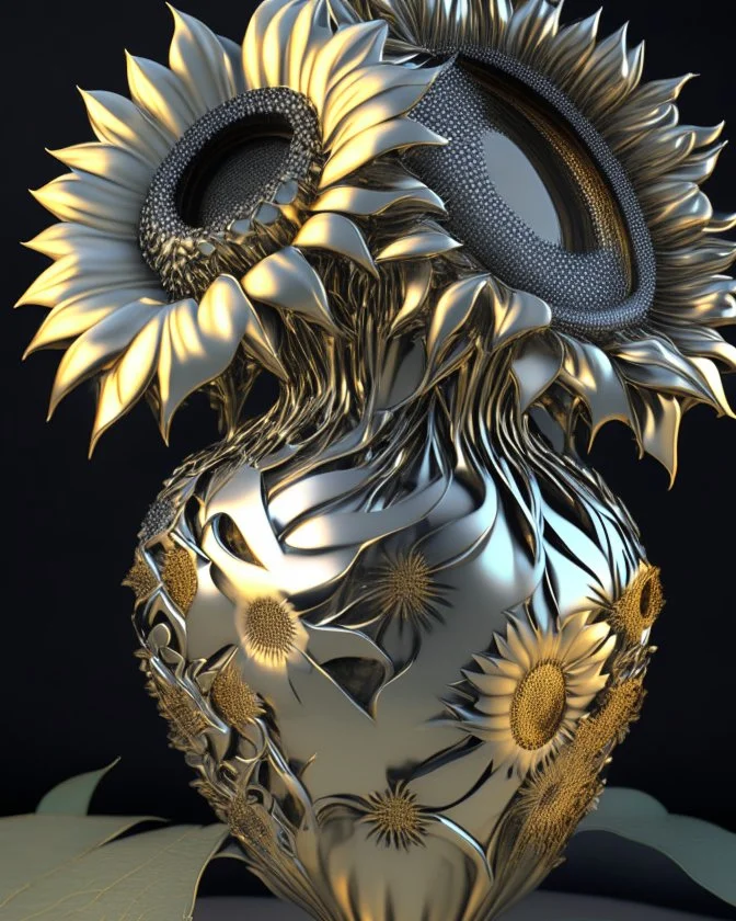 Girasoles de metal brillante, florero plateado brillante, arte digital 3D maximalista, calidad ultra, intrincado, hiperdetallado, increíble obra de arte, 8k