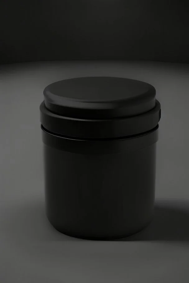 black container, plastic, realism, with screw lid, no labels, round container, view from the front, dark studio setting