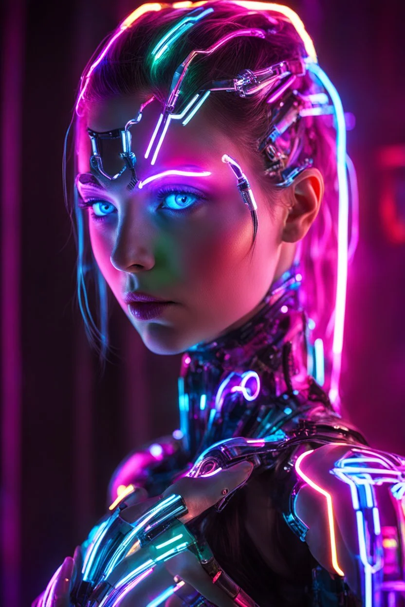 Photography Cyborg Girl in Neons Light Art