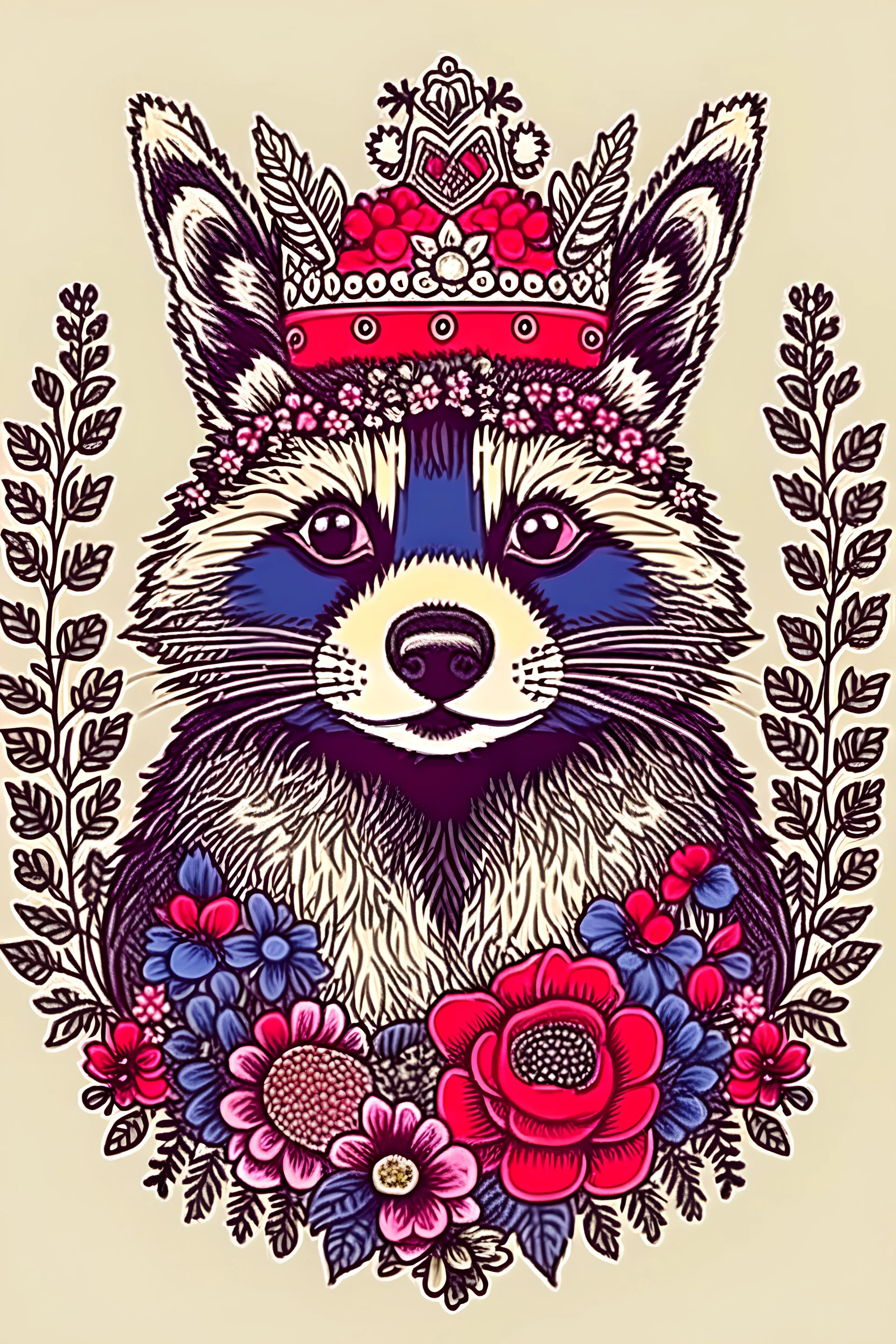 Retrato de um racoon em estilo medieval com uma coroa de flores