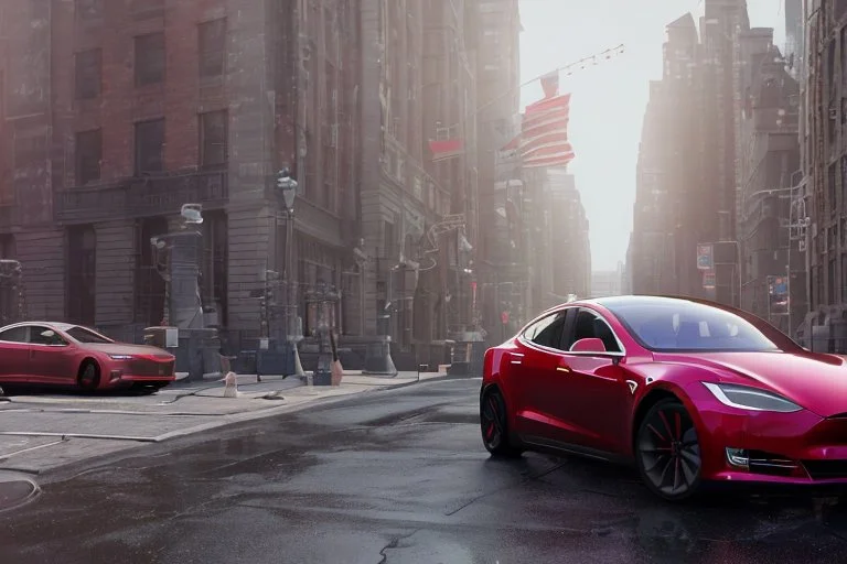 A Tesla 'Model Y' is drifting at high speeds, near the 'Pier 11' in Manhattan. (CINEMATIC, WIDE ANGLE LENS, PHOTO REAL)