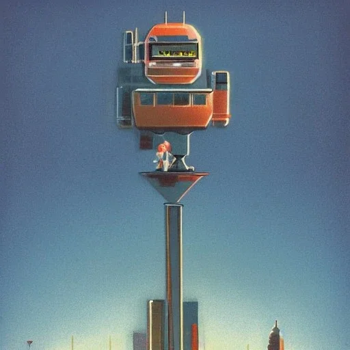 A sad robot sitting on top of a skyscraper by Chris foss