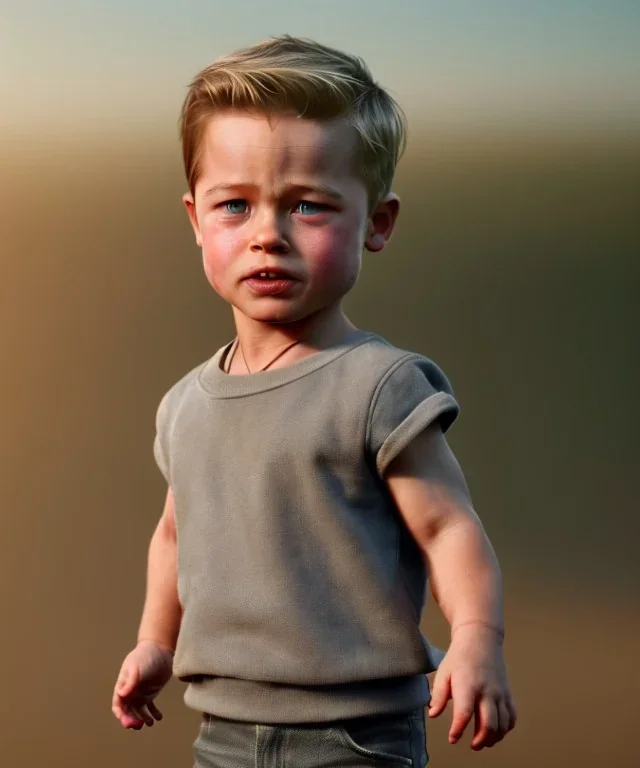 Brad Pitt toddler, full body, shoe, car, soft, dramatic lighting, hyper realistic