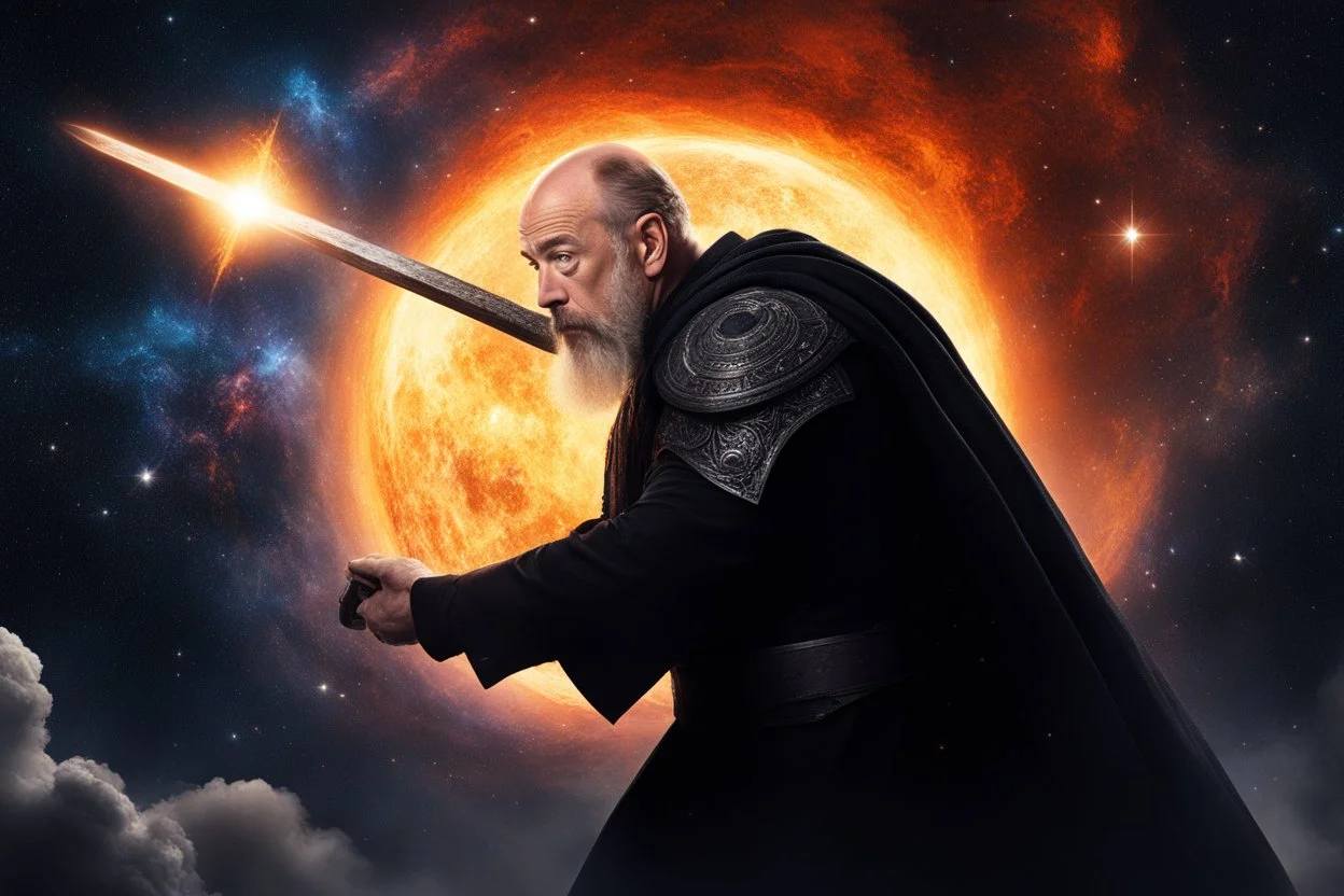 J.K. Simmons as The Celestial Blacksmith, a figure shrouded in cosmic mystery and forged in the fires of the universe. Crafting celestial wonders with hammer and anvil amidst the swirling nebulae. Sparks of creation flying as the stars themselves bend to his will. Each strike of his hammer echoing through the cosmos, shaping the very fabric of existence. A master of celestial metalwork, bending stardust and shaping galaxies with divine precision. The Celestial Blacksmith, a cosmic artisa