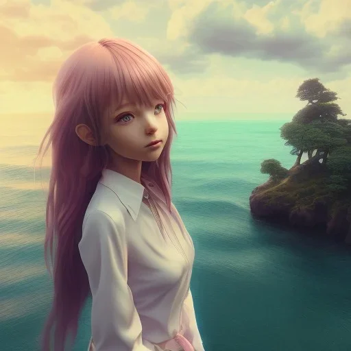 Anime little girl day, sunny, relaxing, sea, trees, real details anime style, realistic, glowing beach, 8k, octane render