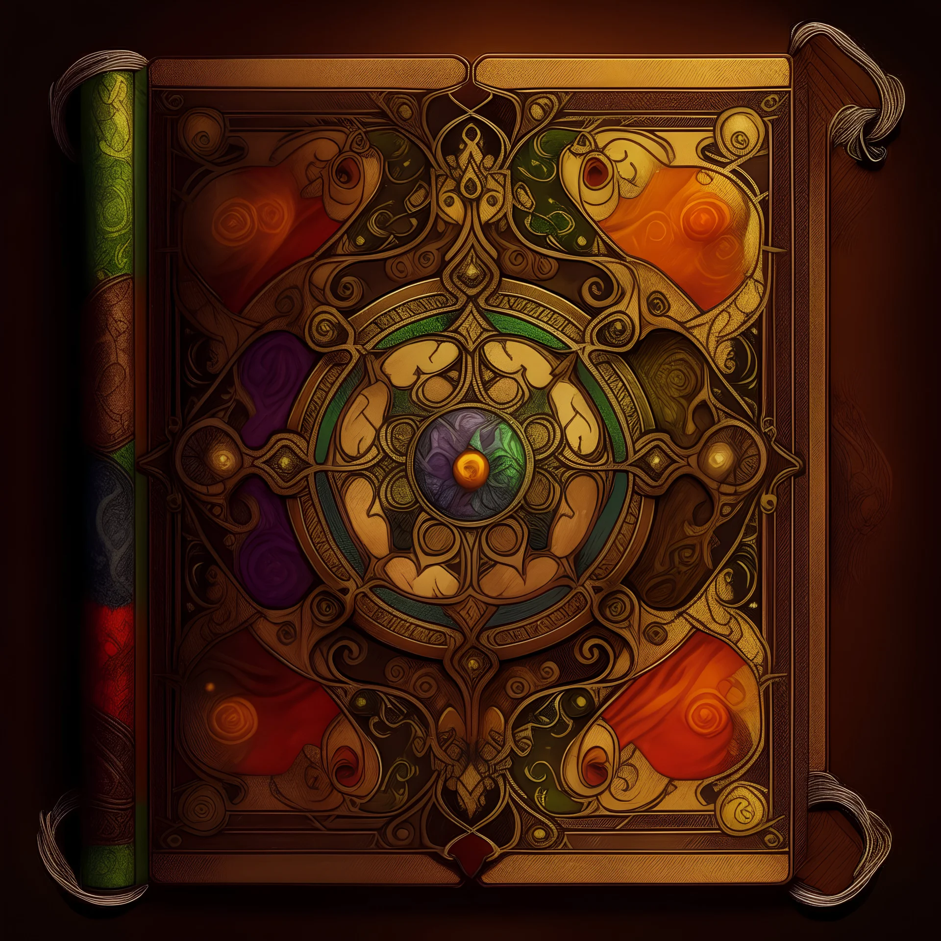 a brown colorful fantasy square grimoire cover