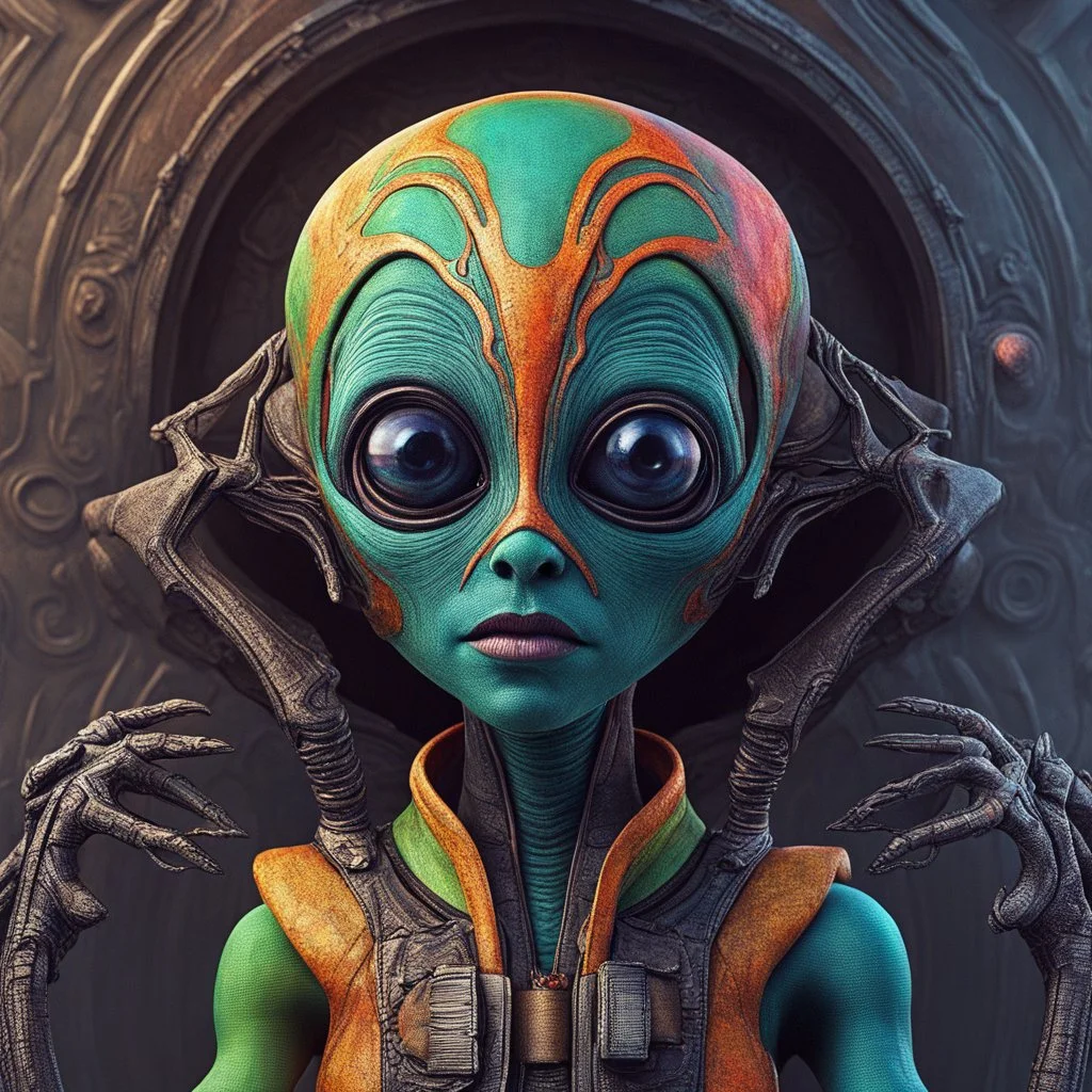 Imagine an alien from another galaxy, which (((does not have a big head))), (((does not have big eyes))), which is another race similar to humans, but with a special distinctive detail. With clothes, colorful