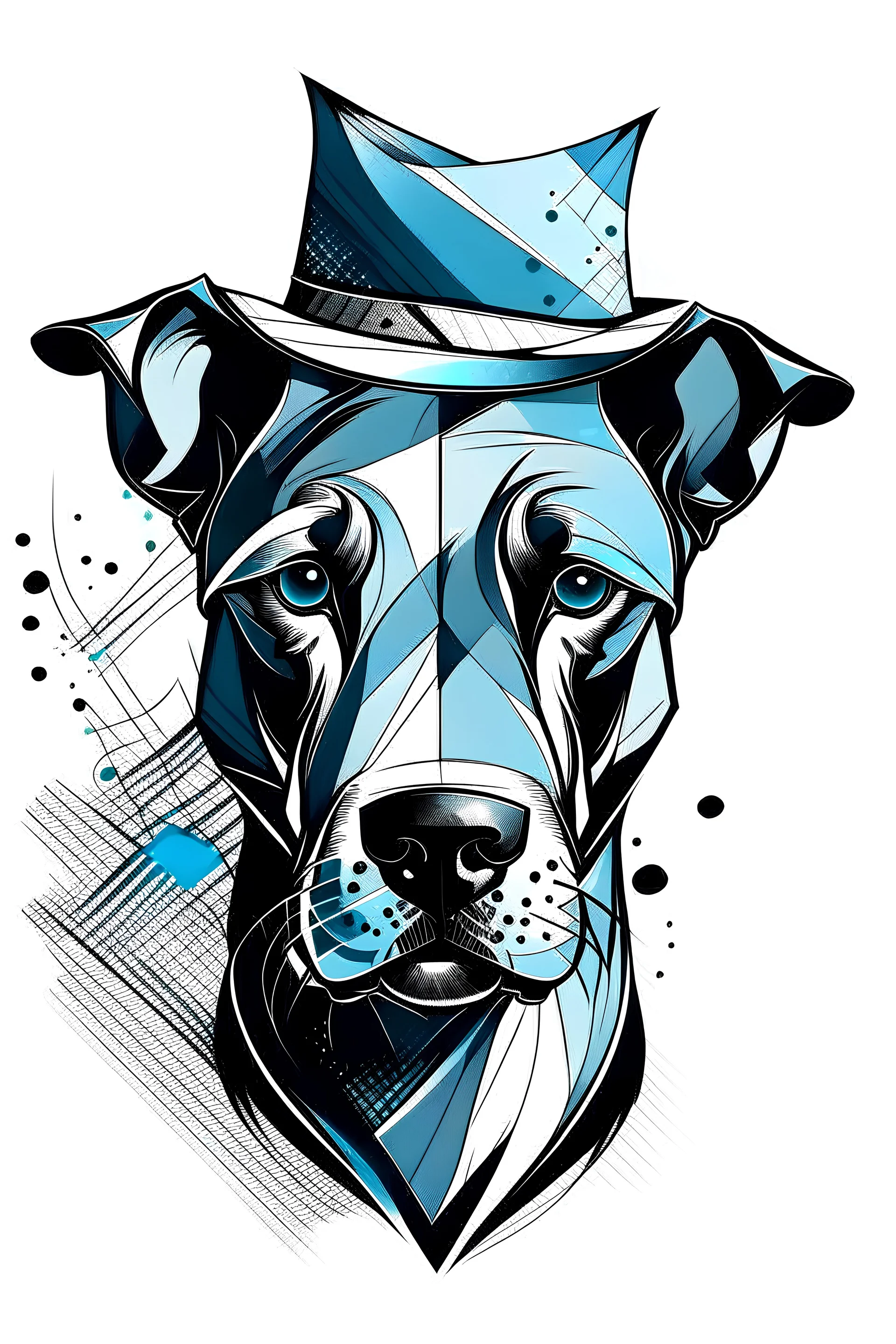 Modern tattoo motifs, abstract and minimalistic ink drawing, Bold and dynamic, design on a white background, The picture shows a wider head of a short-haired crossbreed dog of a dark color, without light spots on the faces, of a firmer stature with very short drooping ears in a hat. The image consists of black and blue colors. The tattoo is with detailed shading. The dog has a cheerful and mischievous look and a tongue sticking out