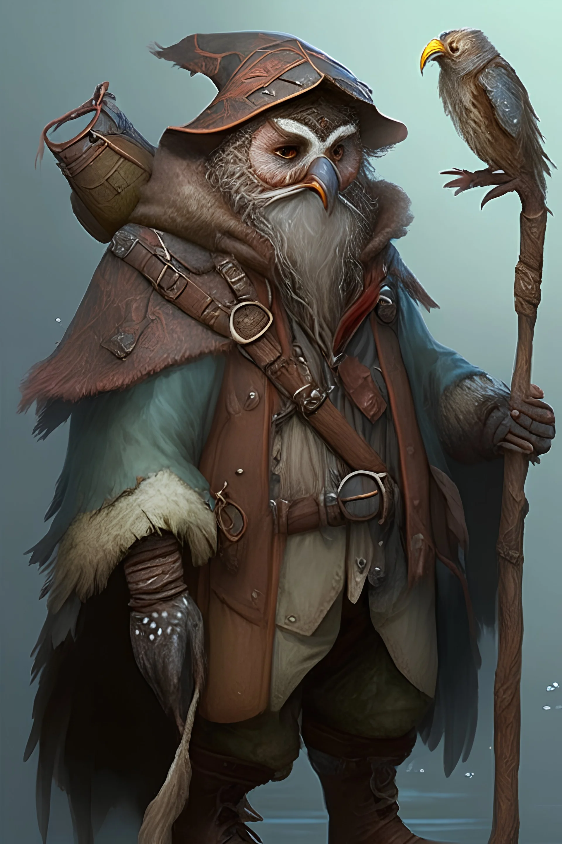 fantasy character, owlin, d&d, fisherman, leathers