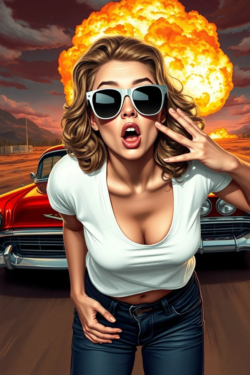 an young woman leaning forward(cropped tightly from between nose and stomach, white top with wide neck opening, cleavage, hands at side of face, with surprised expression, home alone scream, wavy hair, large cheep sunglasses), nuclear explosion and 1950s Cars in background, greaser, digital painted illustration