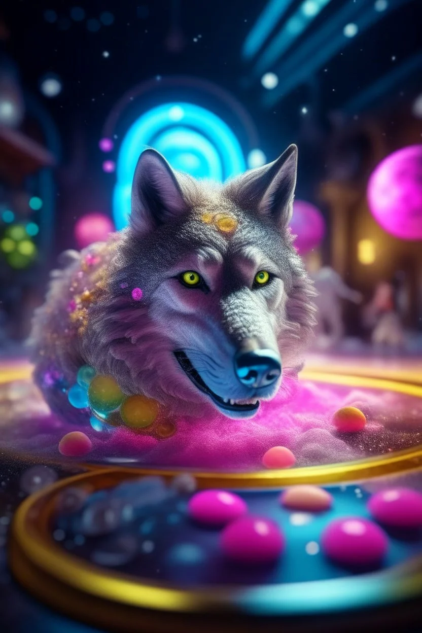 glitter wolf exiting a space ship made of ice cream, smiling with beautiful shiny hair, each inside a pile of transparent jelly bubbles of weird colors, disco egg made of small mirror, light rayz, feast table ,shot on Hasselblad h6d-400c, zeiss prime lens, bokeh like f/0.8, tilt-shift lens 8k, high detail, smooth render, down-light, unreal engine, prize winning