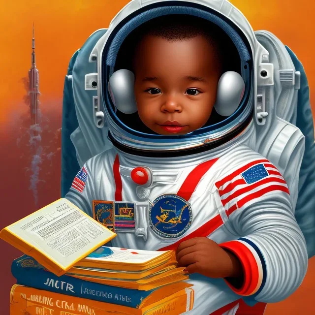 African American baby boy astronaut with books