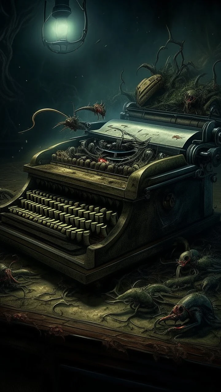 Bosch nightmares paining style Title:an old typewriter machine, 8k artistic photography, photorealistic concept art, soft natural volumetric cinematic perfect light, chiaroscuro, award-winning photograph, masterpiece, oil on canvas, Raphael, Caravaggio, Greg Rutkowski, people, beksinski, Giger