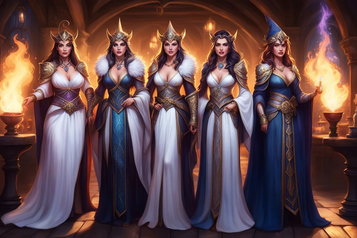 Amidst the flickering torchlight of the crowded tavern, three enchanting sorceresses stood side by side, their mystical auras shimmering with an otherworldly allure. 🔥 Clad in flowing robes that accentuated their every movement, they exuded an air of command that silenced the rowdy patrons. Each of them possessed an undeniable presence, their gazes cutting through the haze of smoke and ale, demanding respect. ⚡ The blonde sorceress at the center adjusted her jeweled tiara with deliberate grace