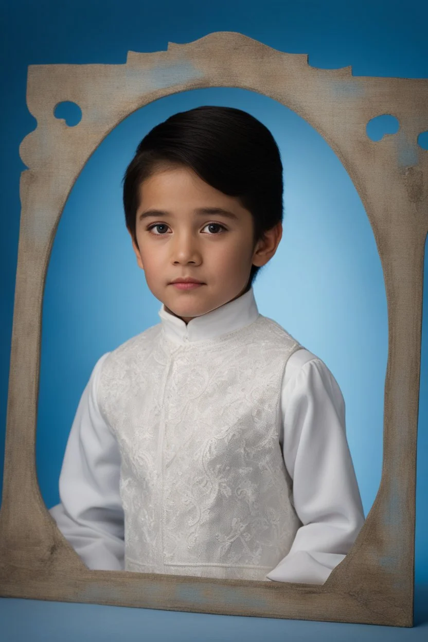 10-year-old Elvis Presley, with black hair and sideburns, is posing for his school picture in a white jumpsuit with a high collar and embroidery designs - Sparkling, Sky blue Background, professional quality studio 8x10 UHD Digital photograph by Scott Kendall - multicolored spotlight, Photorealistic, realistic stock photo, Professional quality Photograph. colored Fog