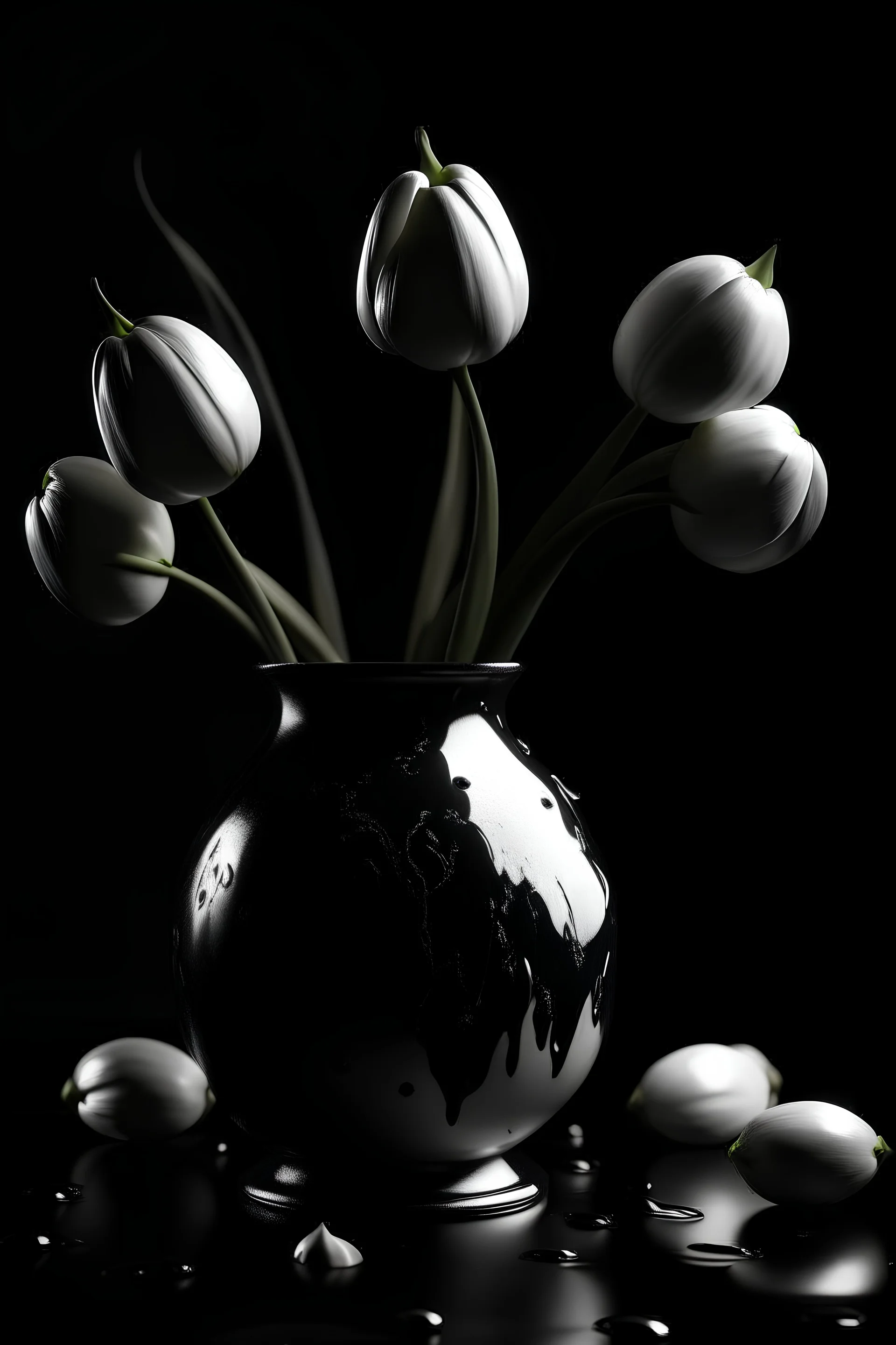 black tulips in a white bleeding vase s cinematic dramatic hd hig hlights detailled real wide and depth atmosphere