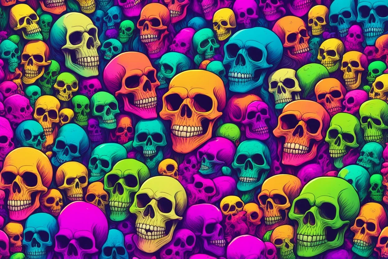a field of 1000s of cartoonish, anatomically correct, skulls, vivid RANDOM BRIGHT neon colors, dark comedy, well lit, high detail, photorealistic, horrorcore, fun, scary, none featured, each a different color or hue,