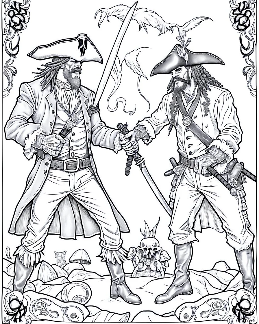 Pirates of the Caribbean: Dueling Pirates Coloring Challenge: Create an action-packed coloring page inspired by the Pirates of the Caribbean movie, featuring a dramatic scene with two pirates engaged in a thrilling sword duel. Capture the intensity of the battle with dynamic poses and expressions, providing ample space for young artists to color the characters and their surroundings in black and white. This coloring challenge invites kids to infuse their creativity into the high-stakes world of