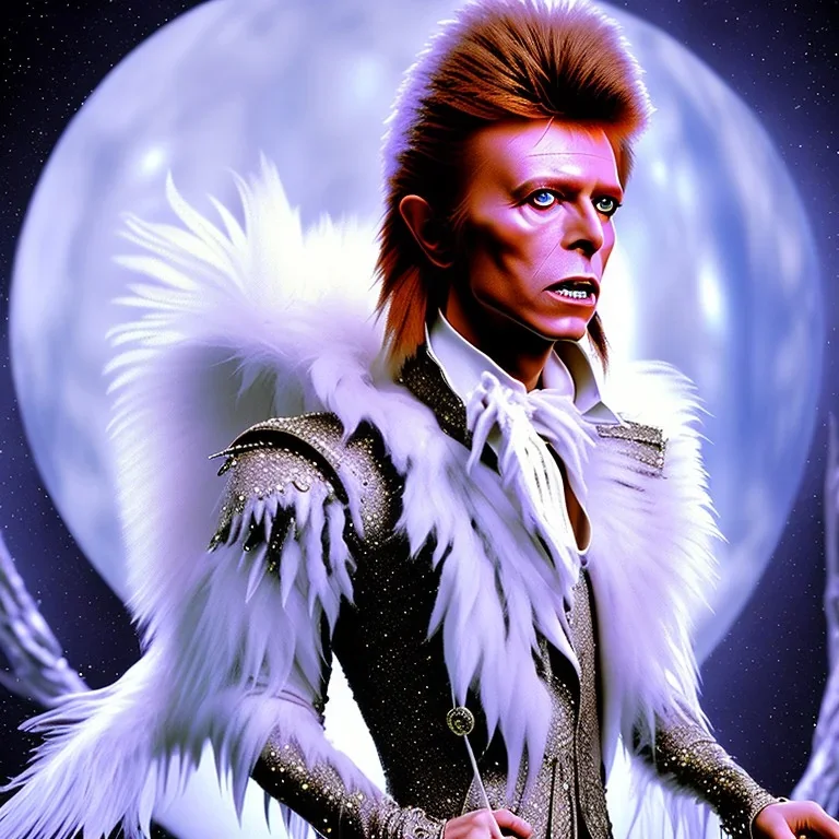 David bowie full body, white snow owl feathery jacket, fancy 1700's time period clothes, Jim Henson's The Labyrinth, Jareth the goblin king, crystal balls in hand, wearing spandex grey leggings, huge crotch bulge, labyrinth illusion, floating broken stairs in background, floating broken earth in background, anatomically correct, 8k hyper realistic,80's vibe