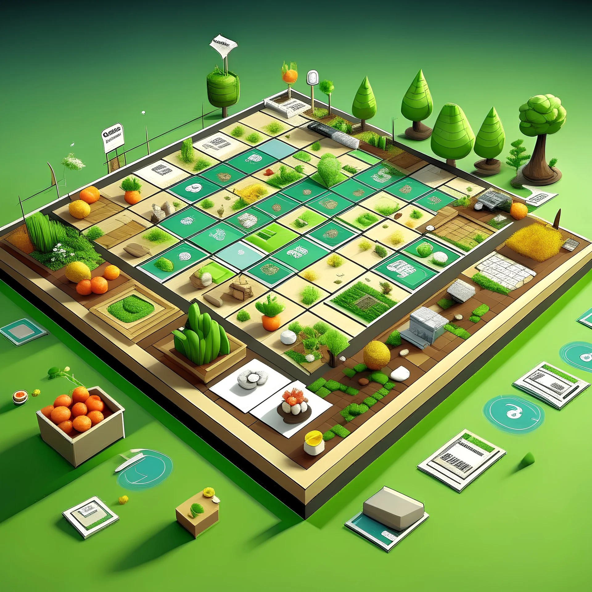 detailed 165 degree planting plan un profesional boardgame set design for a reality game with food service as from kitchen to food Lab with name "165 degree planting plan" with pixar animated background., product, 3d render, typography, illustration, knolling