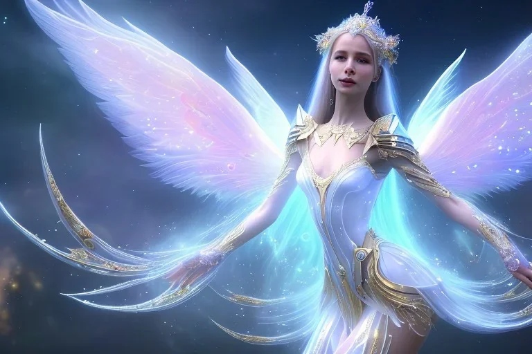  beautiful cosmic fairy, long hair, nice smiling, transparent wings, magic glamour make up, delicate colors, beautiful glamour galactique dress, ultra sharp focus, 8k, unreal engine 5, extremely sharp detail, light effect, soft light atmosphere of a spaceship, smooth, full of details, face in front, complete vision of face and hair and body