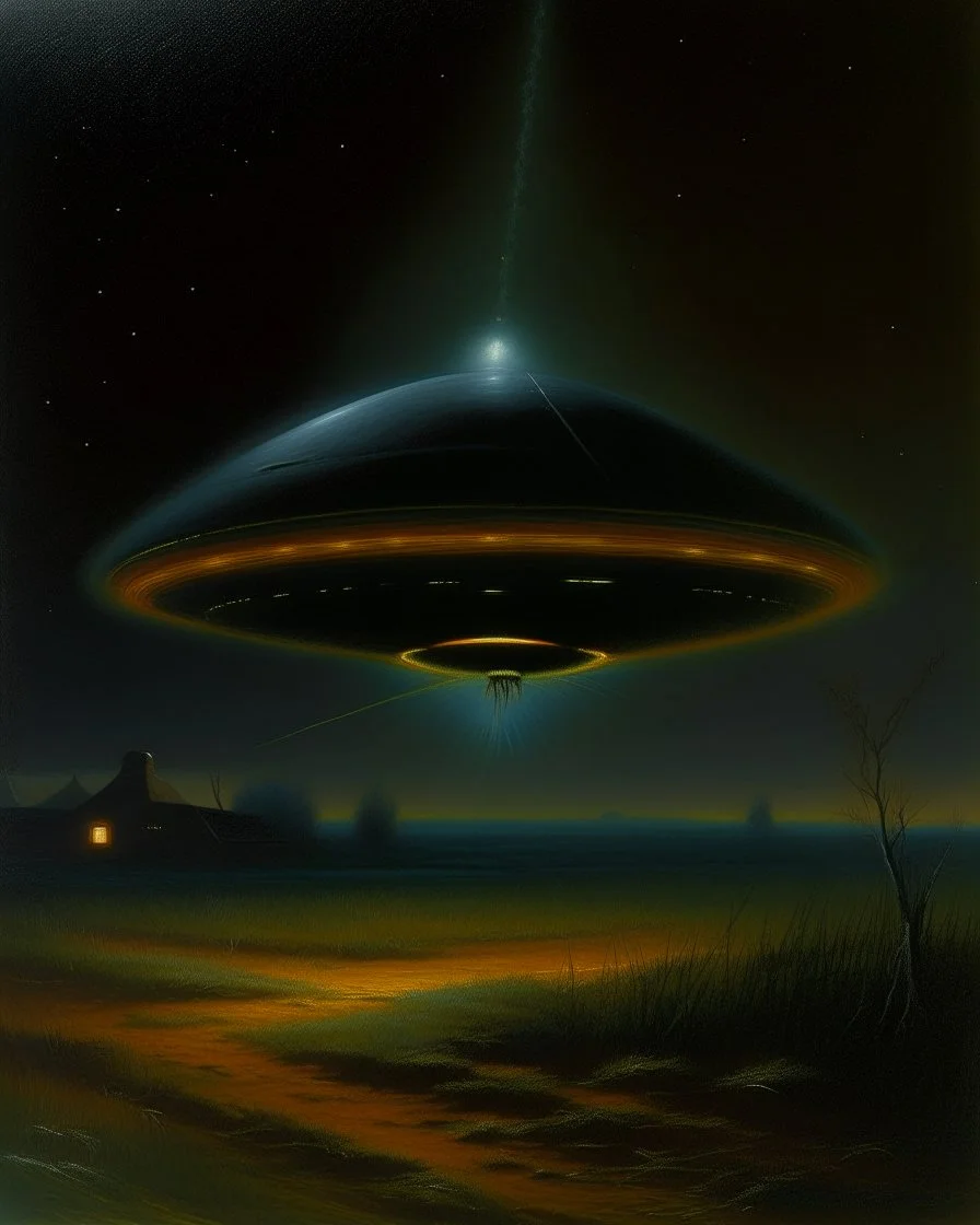 A black UFO with lasers painted by Birge Harrison