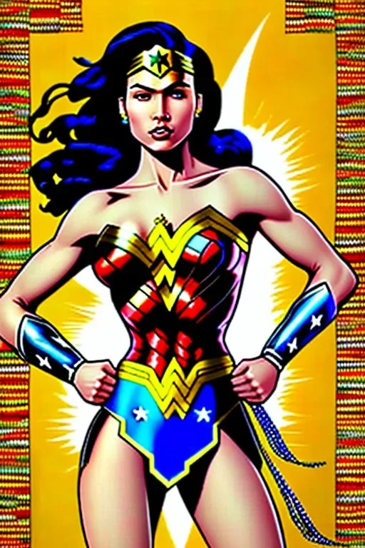 wonder woman in Kente cloth, cinematic, ghana colours, african pattern, engraved, high detail