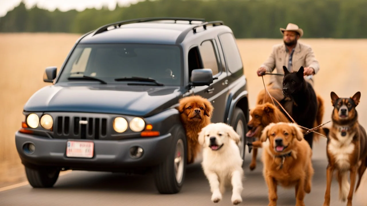 Buffalo riding a car with dogs cats and among us