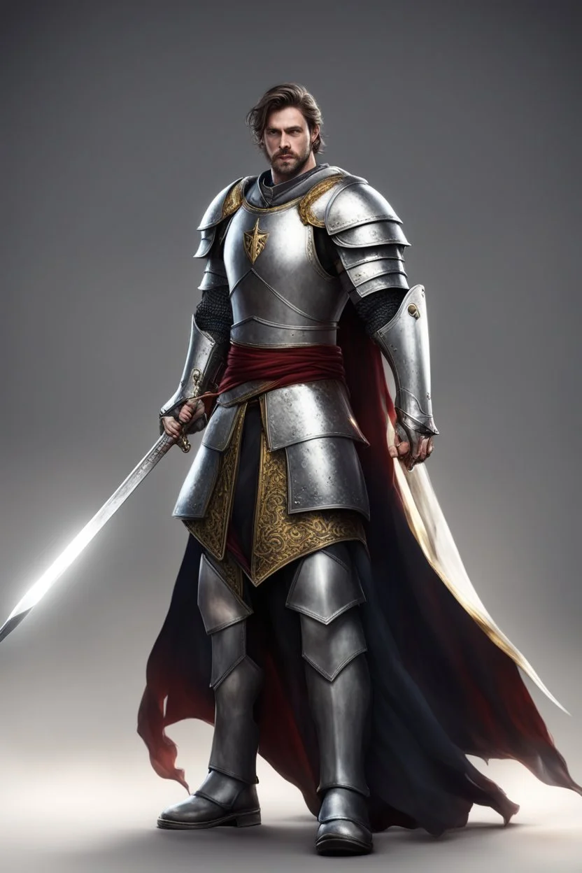 photorealistic holy knight paladin wearing a cape wielding a greatsword