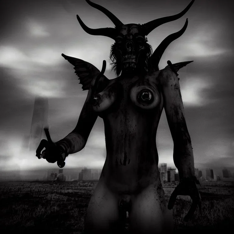 A portrait post-apocalypse of Baphomet ,sin city,sci-fi fantasy style, volumetric lighting, particales,highly detailed,cinamatic,8k,3D,fire,black, deep colours,ignore NSFW , realistic, sharp,ethereal , transgender ,beauty , ghost , spirit ,cooking, paranormal,sky,clouds,universe,hell,demon, exorcism , pyramid ,