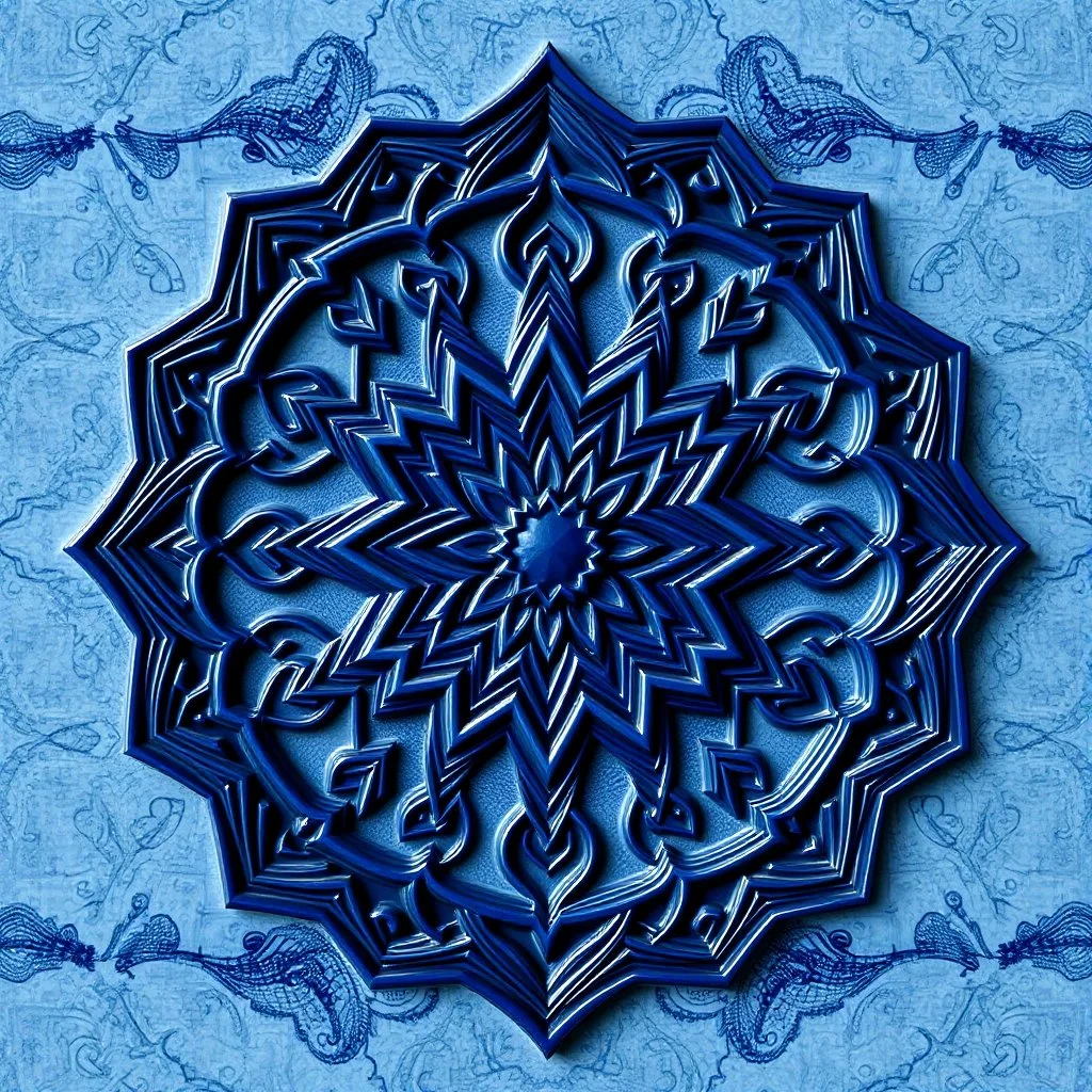 Hyper Realistic (3D) Beautiful Intricately Crafted Navy-Blue Colored Islamic Art Inspired Little Patterns On Both Sides Symmetrically Of Light-Blue Marble.