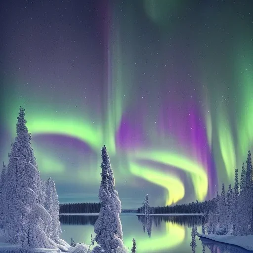 high-quality, fine-detail photography of beautiful, stunning, winter forest surrounding large reflective lake with vibrant, colorful northern lights filling sky, Norway, Iceland, 8k resolution, realistic, intricate, 3D, digital art, detailed matte, volumetric lighting, brian froud, howard lyon, selina french, annie stokes, lisa parker, greg rutowski