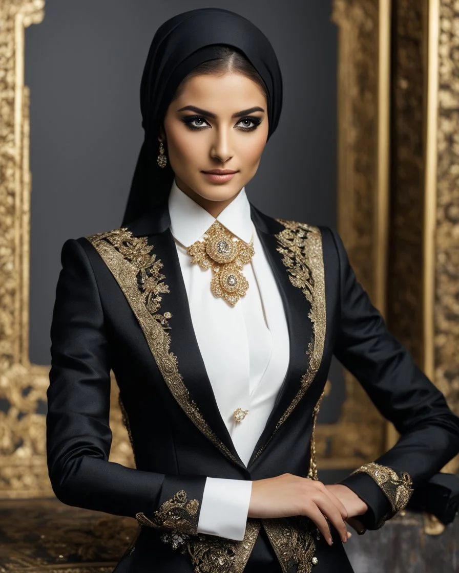 A length image ,professionals photography cinematography, stand action pose an beautiful young girl super model iranian wearing islamic hijab as spy detective with shoulder length wearing luxury jewelrys and lipstick. She is wearing a islamic fashion luxury tuxedo with a black bowtie. Her jacket is black decorations golden art and it is not buttoned. Her jacket has a corsage,She is smiling. Her cufflinks are black.stand pose in futuristic