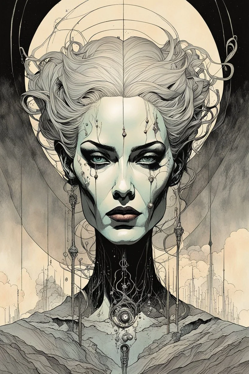 create a highly ethereal, darkly magical surrealist portrait illustration of the mother of vampires, Lamae Bal, with highly detailed and deeply cut facial features, in the chaotic, turbulent, otherworldly landscape of Coldharbour in the comic art style of BILL SIENKIEWICZ and JEAN GIRAUD MOEBIUS, searing lines and forceful strokes, precisely drawn, inked, and darkly colored