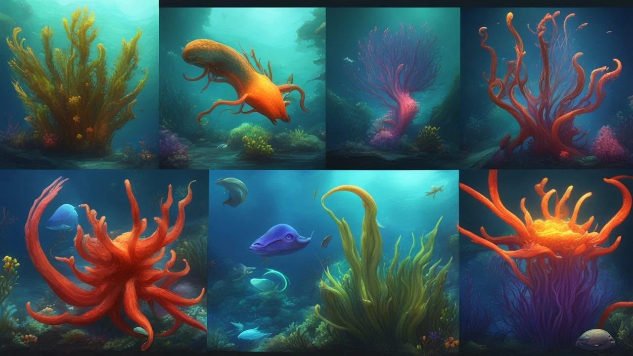 creatures, plants from subanautica from deep sea, leviathan's a lot of sea plants very deep, beautiful, river of magma, green and blue and more colours, sea animals from subnautica