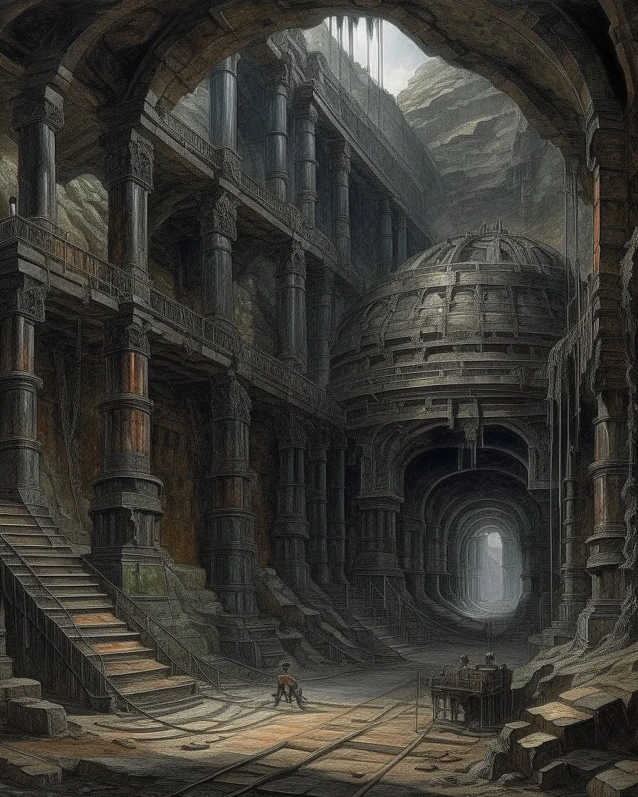 A dark gray mine made out of iron designed in Mayan architecture painted by Francis Danby