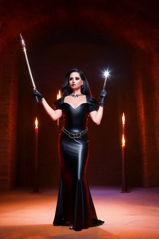 evil witch in black leather gown with a whip in her hand, big chest, stern face, inside a dungeon