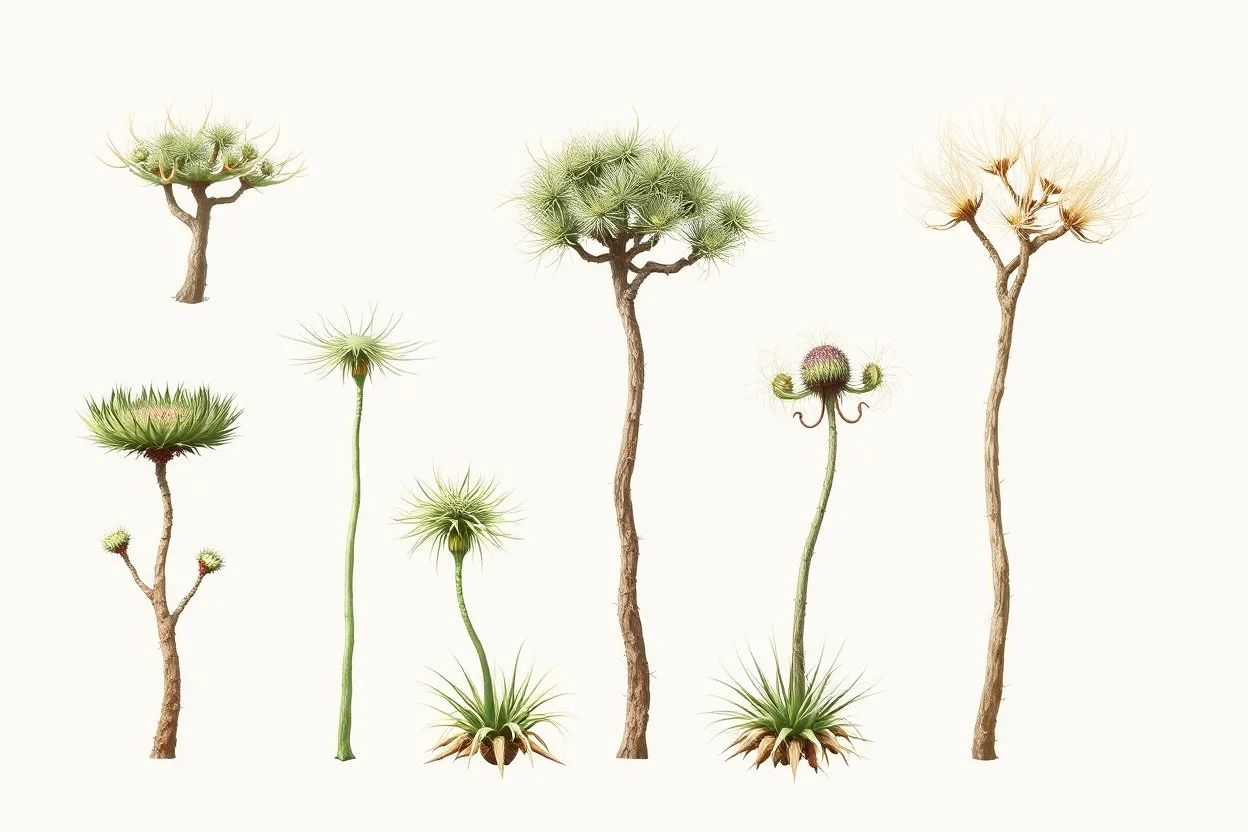"Isolated concept art of multiple types of alien tree plant on a plain neutral background. Designed for Desert biome – dry, spiky, brittle grass with sharp edges, thorn-like blades, and pale dusty colors